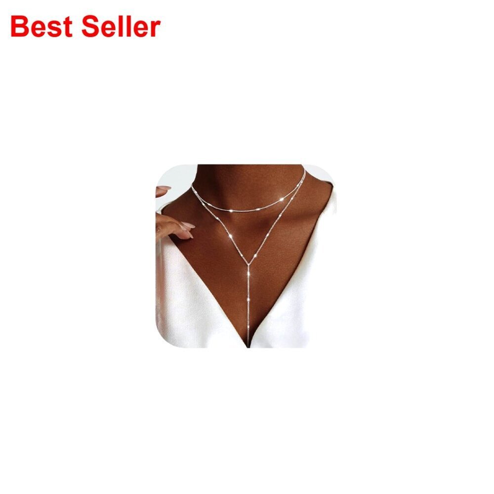 Silver-Layered Lariat Necklace with Y-Shaped Pendant, Adjustable Length